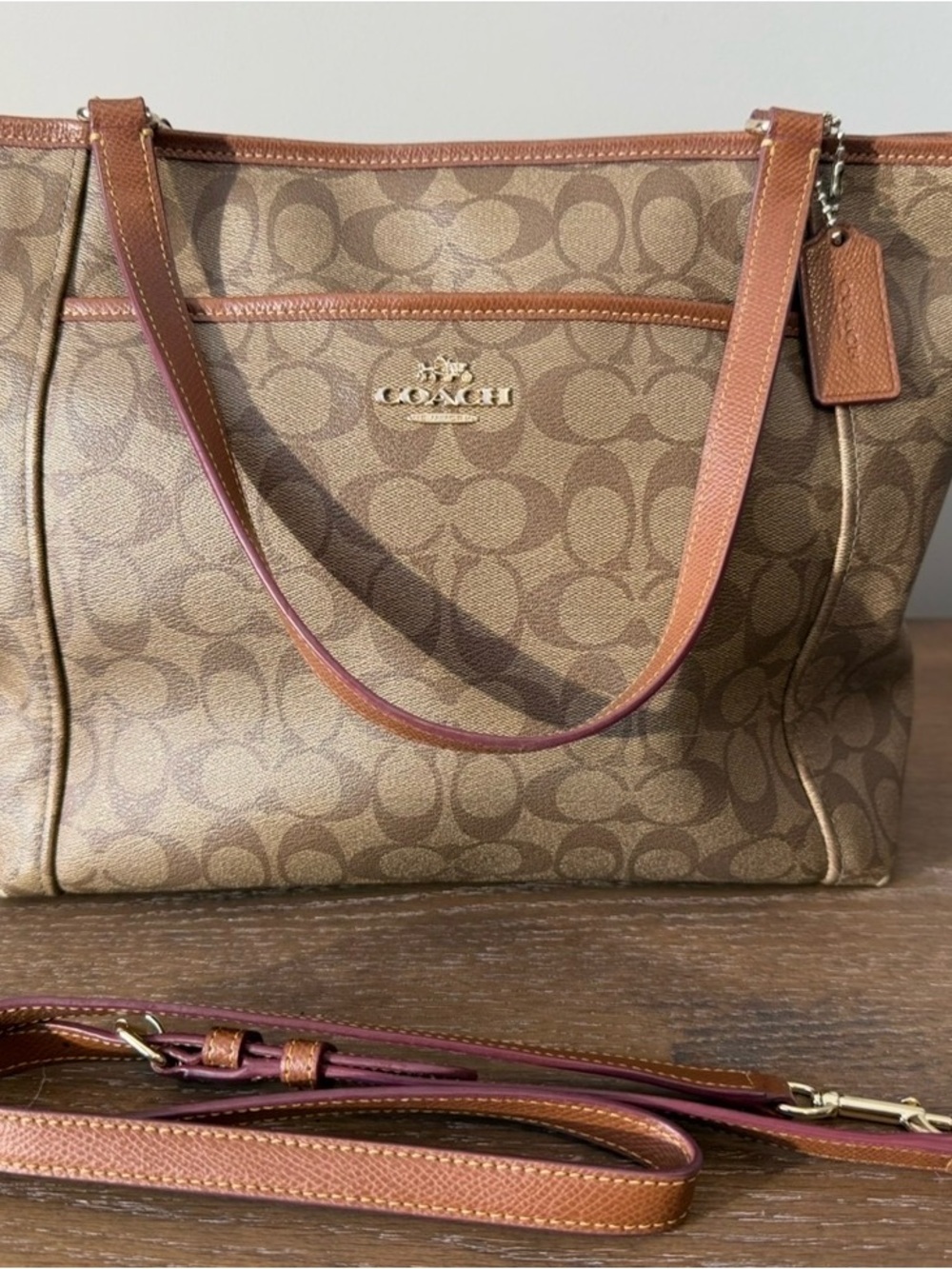Coach Peyton Signature Pocket Tote (Khaki/Brown) Canvas Crossbody Shoulder Bag